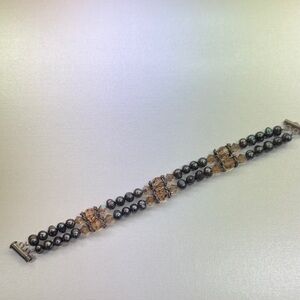 Triple Strand Gray Pearl and Gold Bead Bracelet